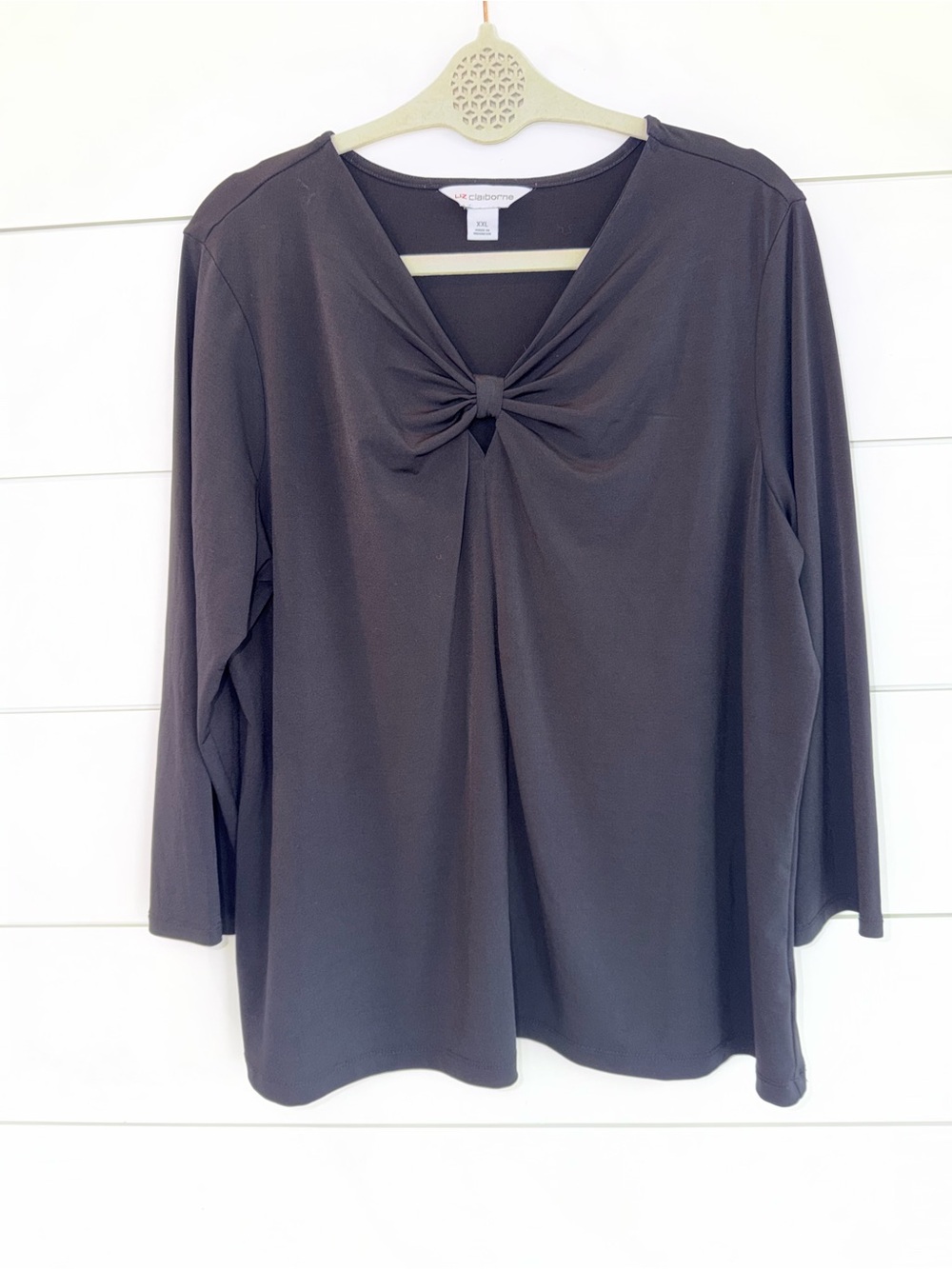 Liz Claiborne XXL Top Womens Black Twist Knot V-Neck 3/4 Sleeve Blouse GUC